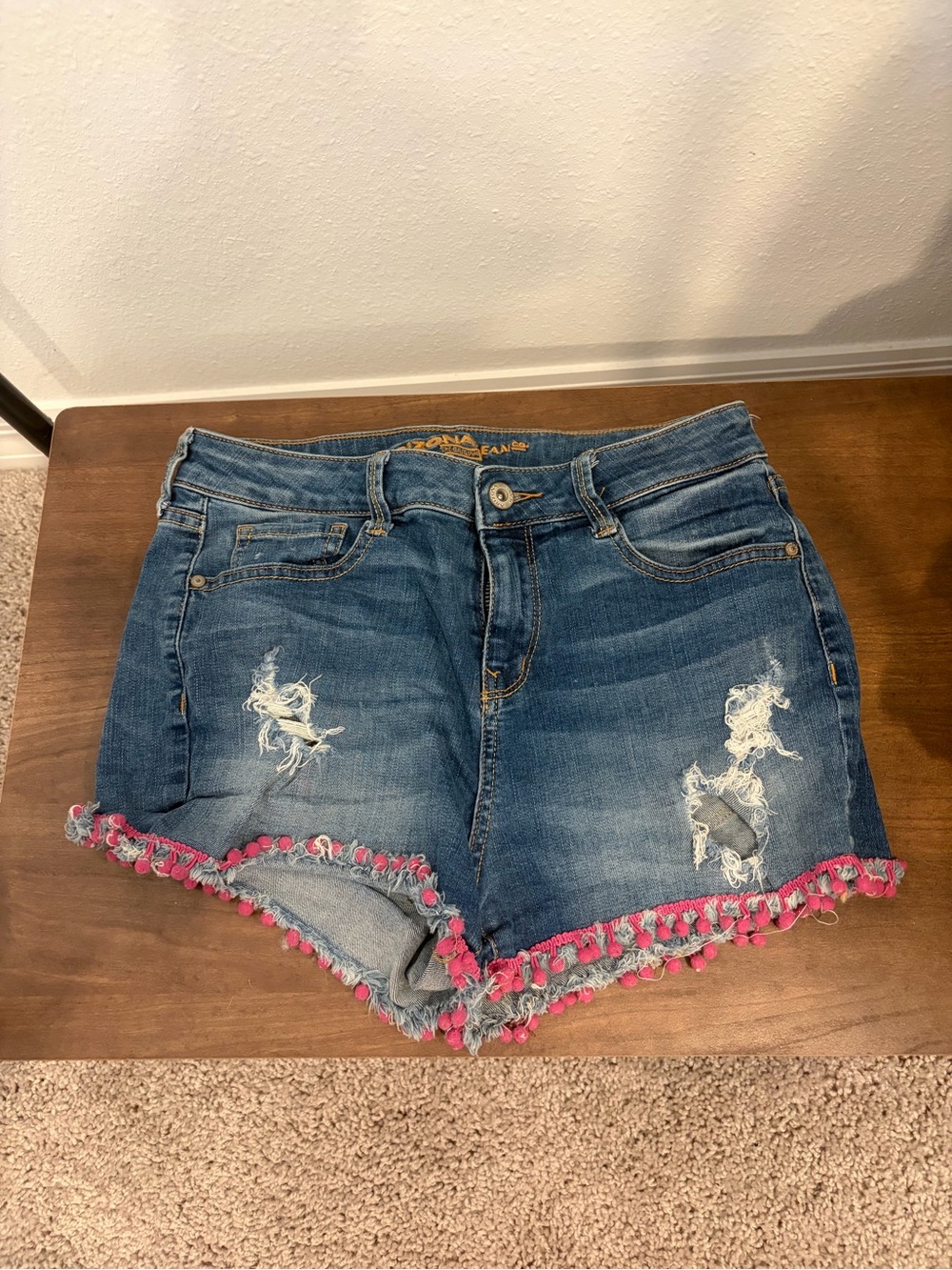 Arizona Jean Company Blue Denim Shorts with Pink Pom Trim
